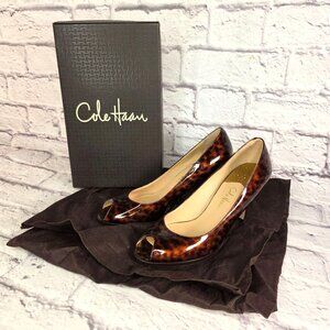 Cole Haan Womens Carma Peep Toe Heels Sz 8 B Patent Leather Tortoise Air Sole